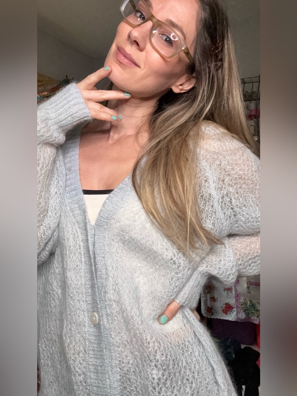 Mohair & Wool Light Blue Soft Fuzzy V‑Neck Button Cardigan Sweater